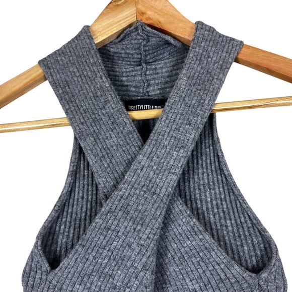 NWT PrettyLittleThing Tall Knitted Rib Cross Front Top Womens 10 Gray Minimalist - Picture 4 of 7